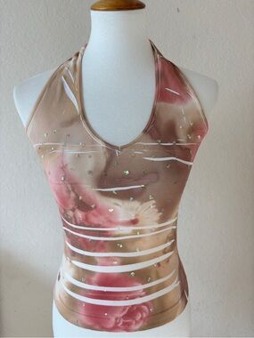 Choice Y2K Halter Tank Top Pink Brown Fairy Tie Dye Sequin Whimsy Stretchy OS